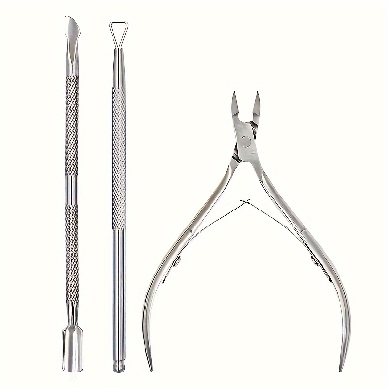 

Professional Manicure Tool Set, 3-piece Stainless Steel Cuticle Nippers, Dual-head Cuticle Pusher, Nail Cleaning & Polish Removal, Non-slip Handles, Classic Style For Nail Care And Maintenance