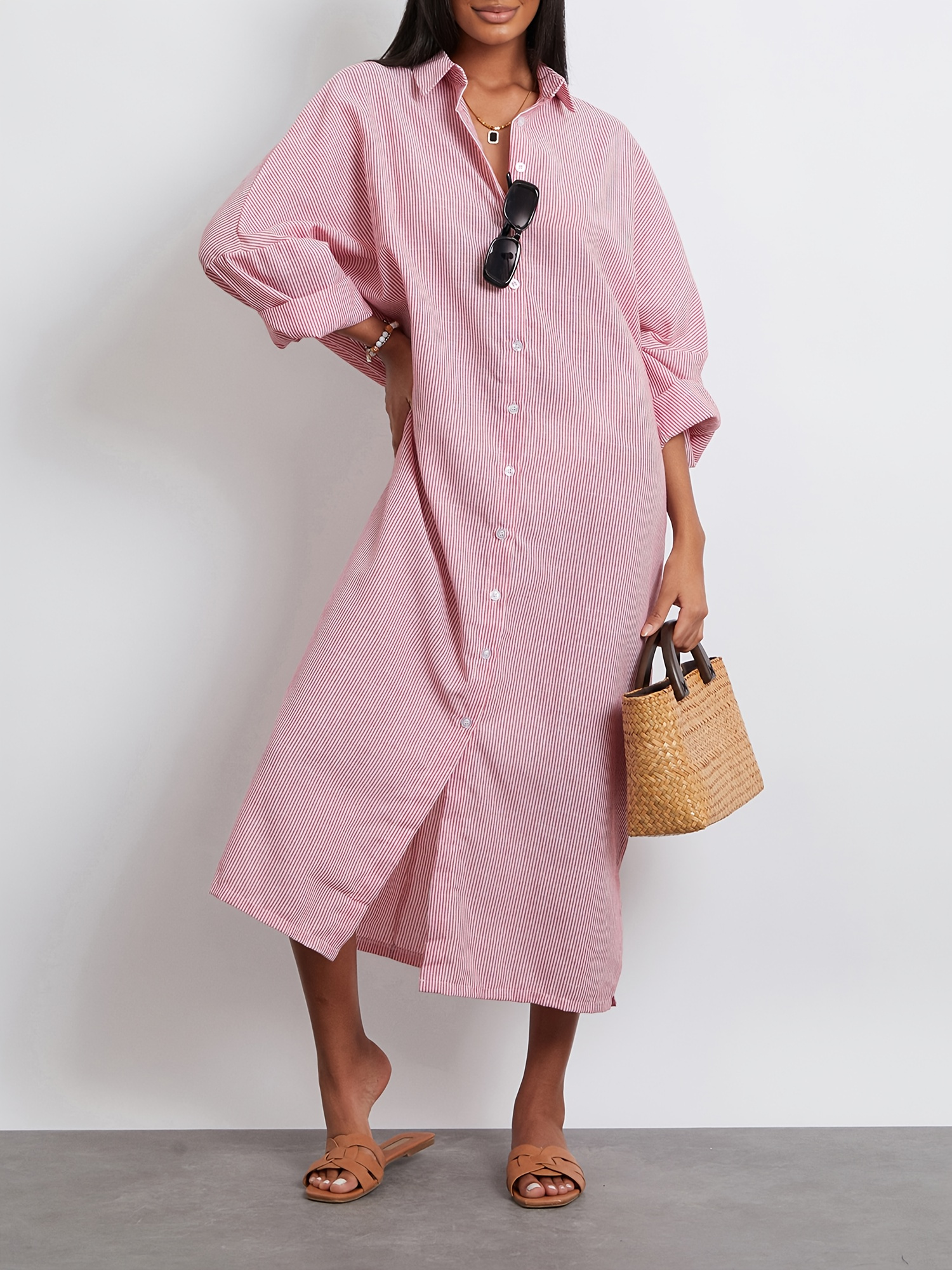 Women'* Blue Striped Shirt Dress Long Sleeve, Turn- Collar, Loose Fit  Casual Maxi Dress for Spring/Fall, Button-* with Side