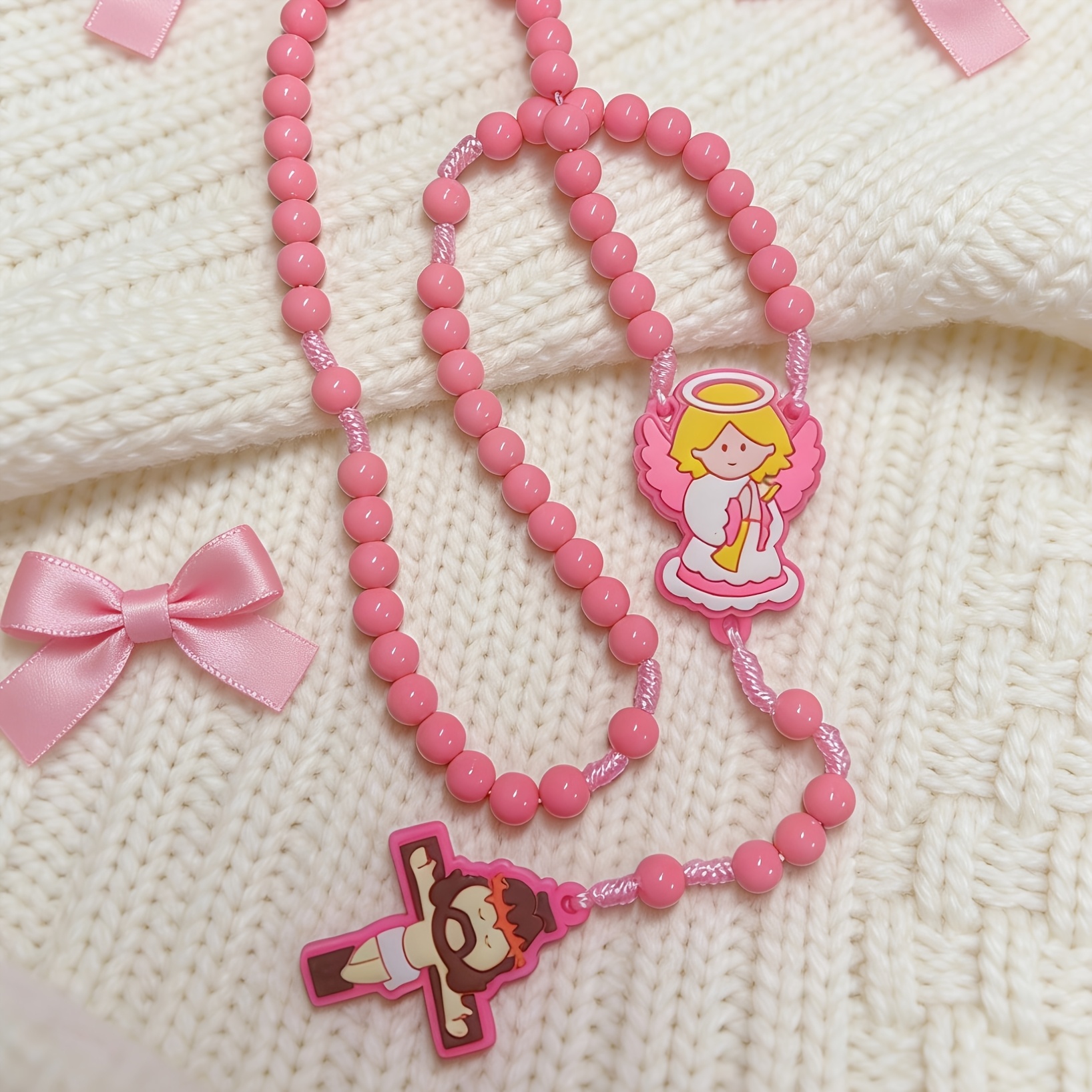 Pink Prayer Beads with Simple Rosary Cross Pendant, Gift