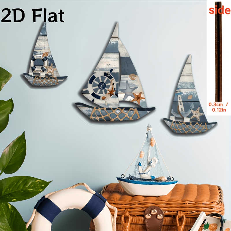2d Flat 3pcs Wooden Sailboat Wall Decor Set - With Anchor, Compass, And , Suitable For Home, Farmhouse, Cafe, Bar, Hotel, And Seaside Room Wall Decoration