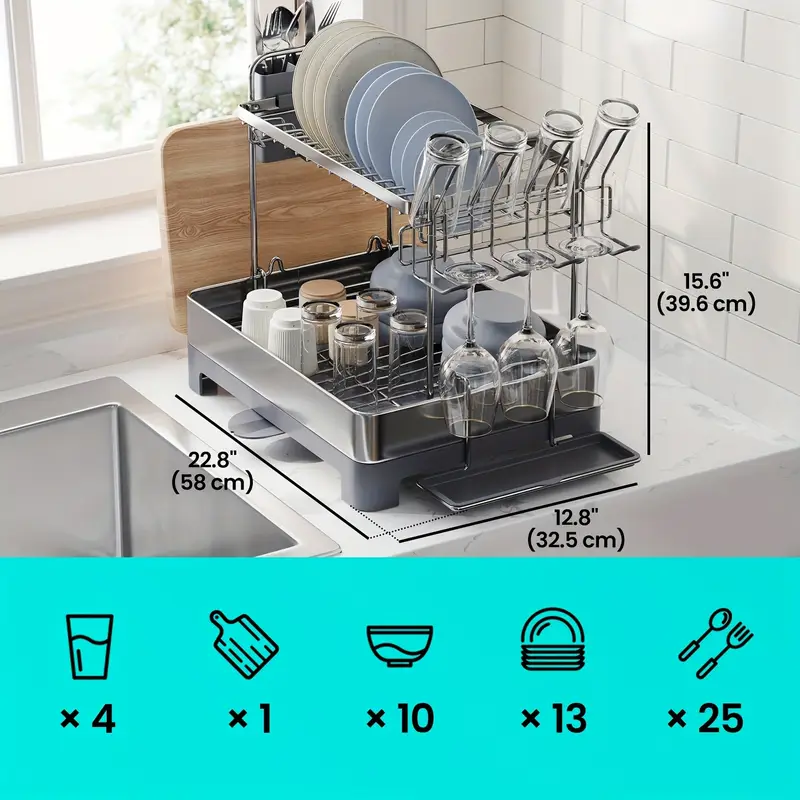 2 tier dish drying rack with rotatable drain spout kitchen counter dish rack with extendable drain spout dish drainer for utensils cups glasses cutting boards space saving and easy to assemble new year gift valentines day gift Product details 3