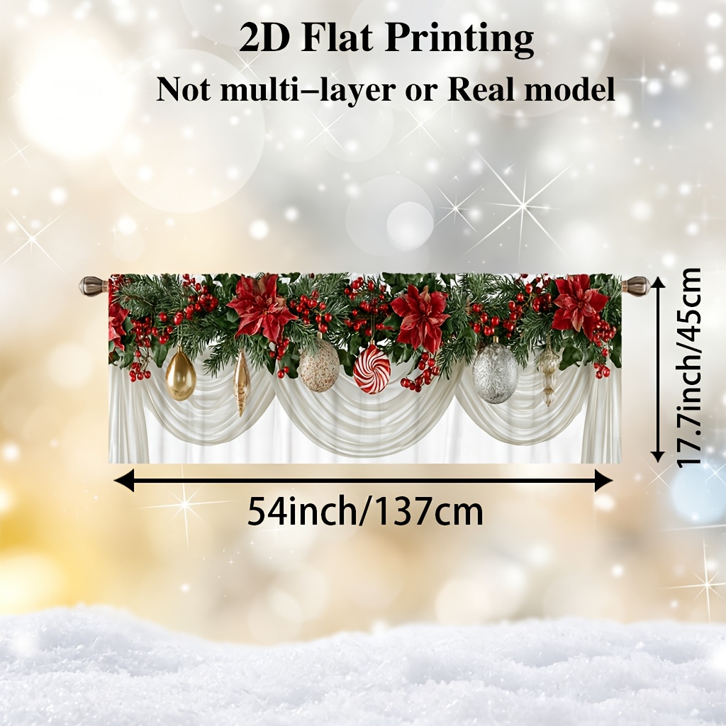 TEMU 2d Flat - 2d Flat, 1pc Christmas Decoration Short Curtain Valance, Eucalyptus And Poinsettia Pattern, Rod Pocket Short Valance For Merry Xmas