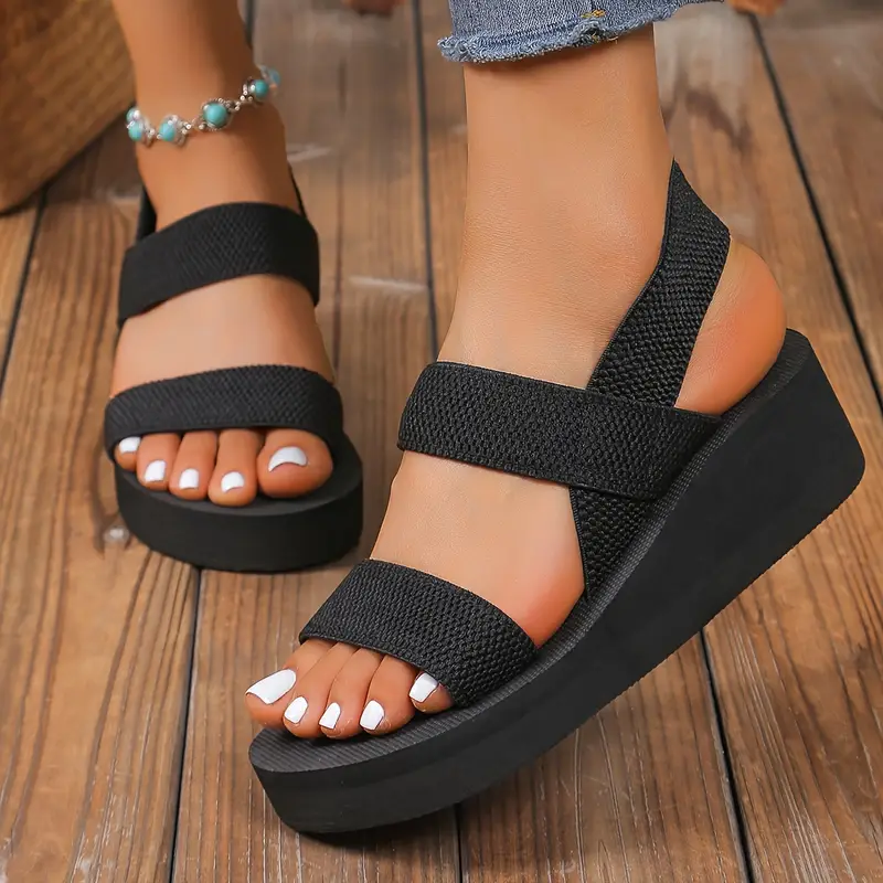 womens solid color casual sandals platform slip on elastic vacation shoes beach sandals Product details 3