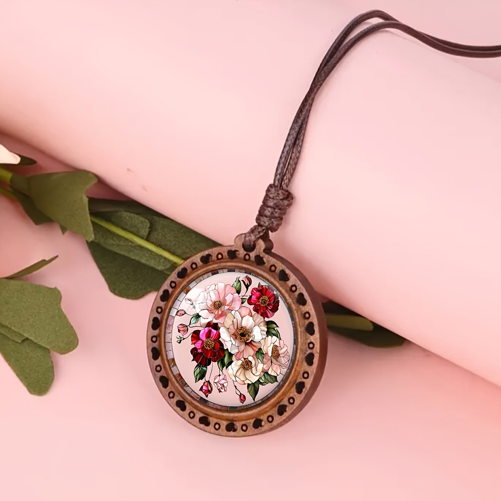 Wood Bead Necklace with Pink Red Flower