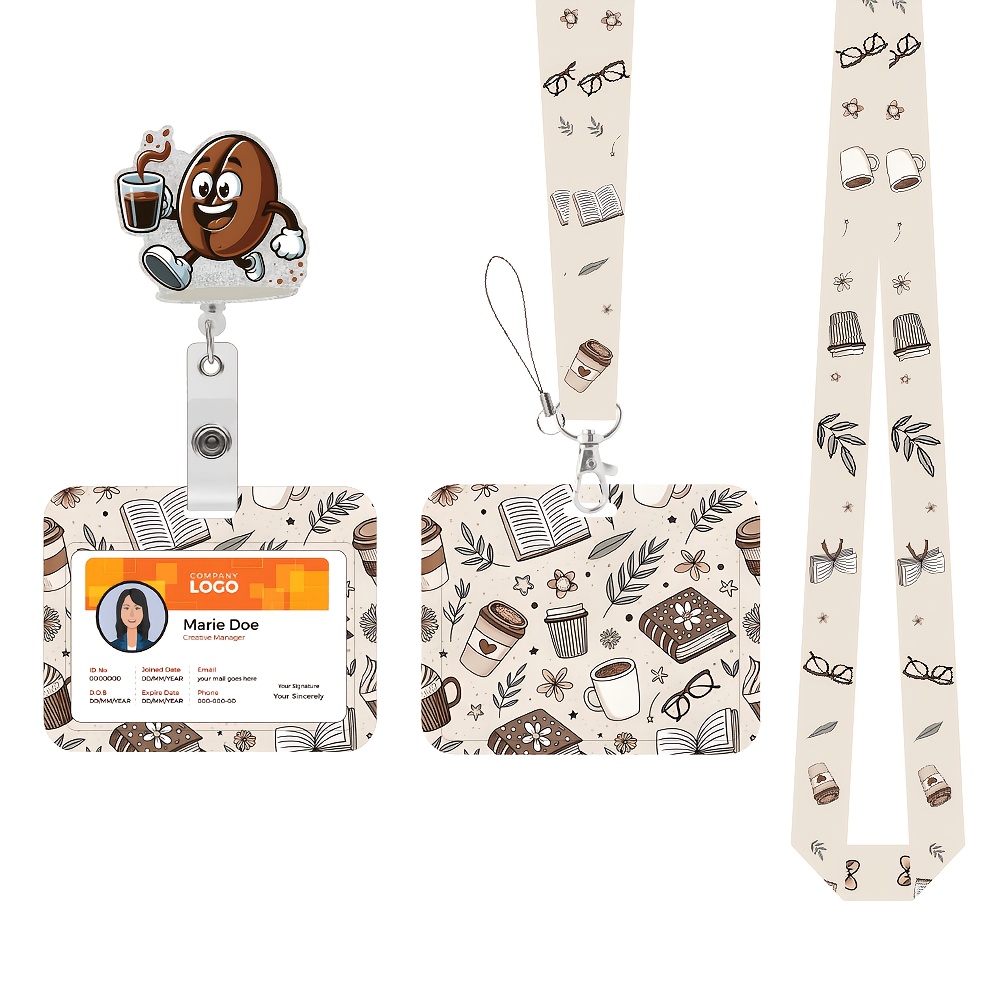 TEMU 2d Coffee Themed Retractable Badge Clip - Durable Abs Vertical Id Card Protector, Coffee Bean Design, Suitable For Nurses, Medical Students,