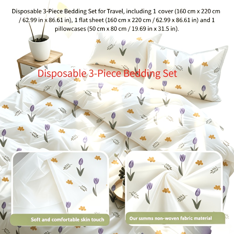 TEMU Travel Disposable Thickened And Widened 3pcs Set ( Style Duvet Cover 160cm X 220cm X 1pc, Fitted Sheet 160cm X 220cm X 1pc, Pillowcase 50cm X