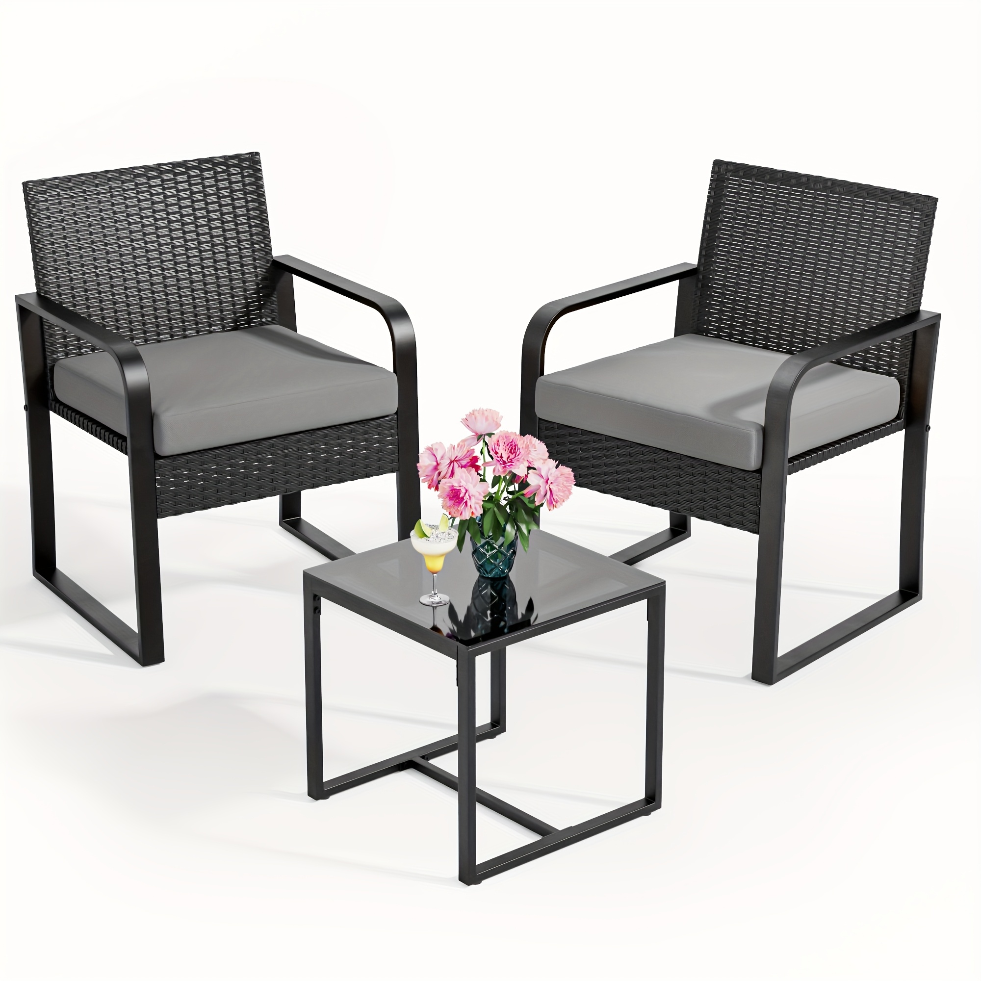 Image of 3pcss Courtyard Table And Chair Set, Rattan Table And Chair Set With Cushions, 3pcss Balcony Outdoor Chair Set, Lawn Pub Table And Chair Set, Suitable For Courtyards, Patios And