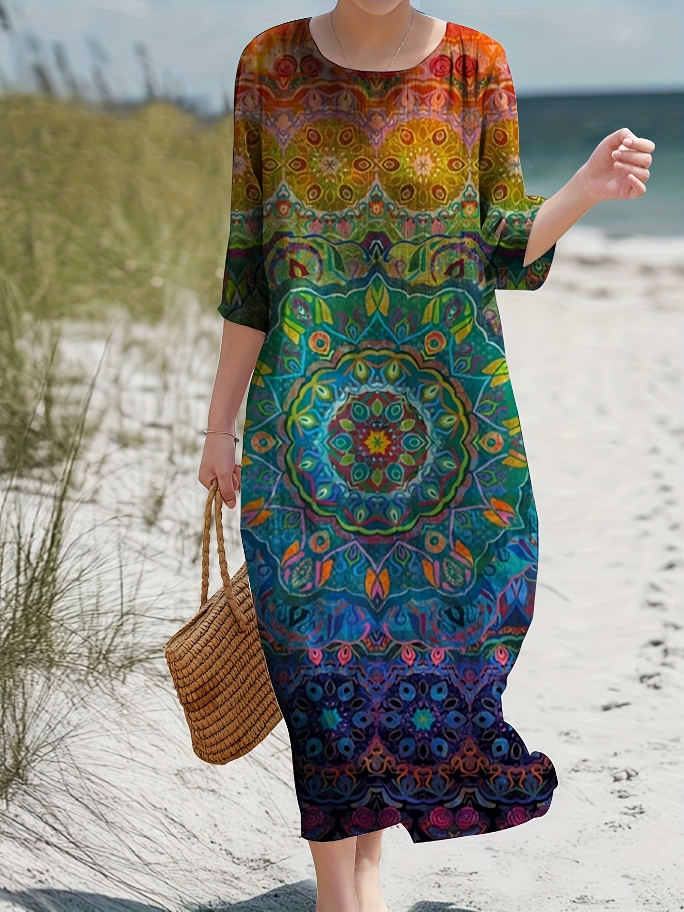 Women's Plus Size Fall Dress - 3/4 Sleeve Flowy Boho Floral Long Dress With Pockets