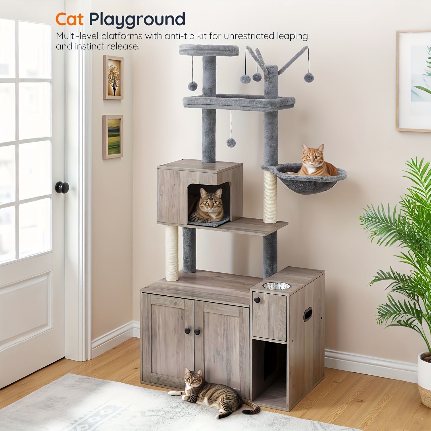 Image of Multi-functional Cat Tree With Litter Box, 175cm High, Hidden Cat Toilet Furniture, Equipped With Cat Food Bowl, Cat Bed And Hammock, Suitable For Bedroom, Living Room And , Gray