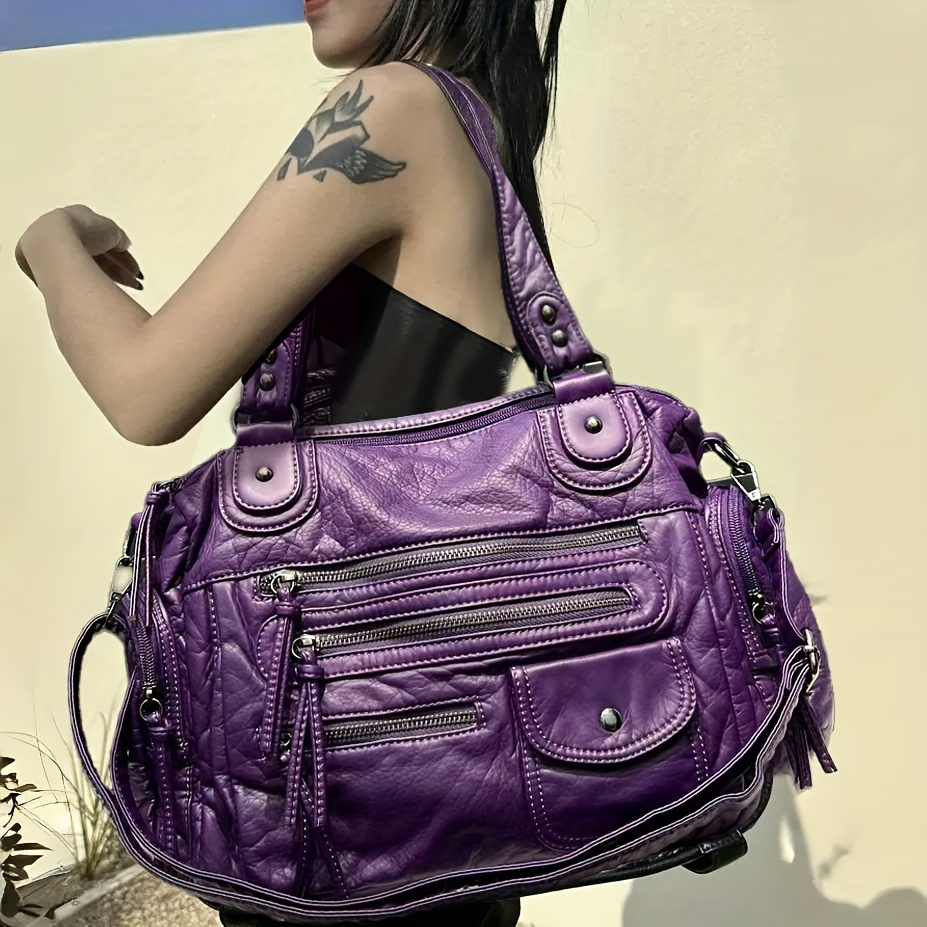 Women'S Y2K Punk Crossbody Bag Large Capacity Multi-Pocket Handbag with  Removable Strap, Purple Black Vacation, Shopping, Work, and Gifts,
