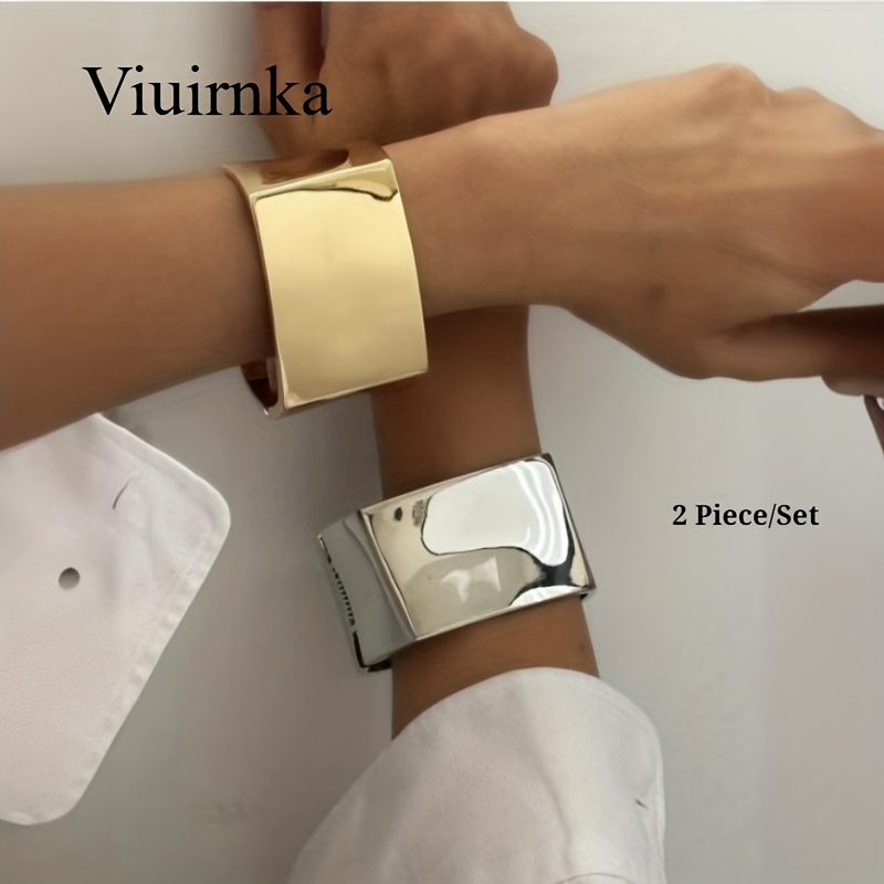 TEMU 2pcs Set Of Exaggerated And Golden And Silvery Alloy Bracelets - Vintage Square Design, Modern Minimalist Style, Trendy And Stylish, Perfect For