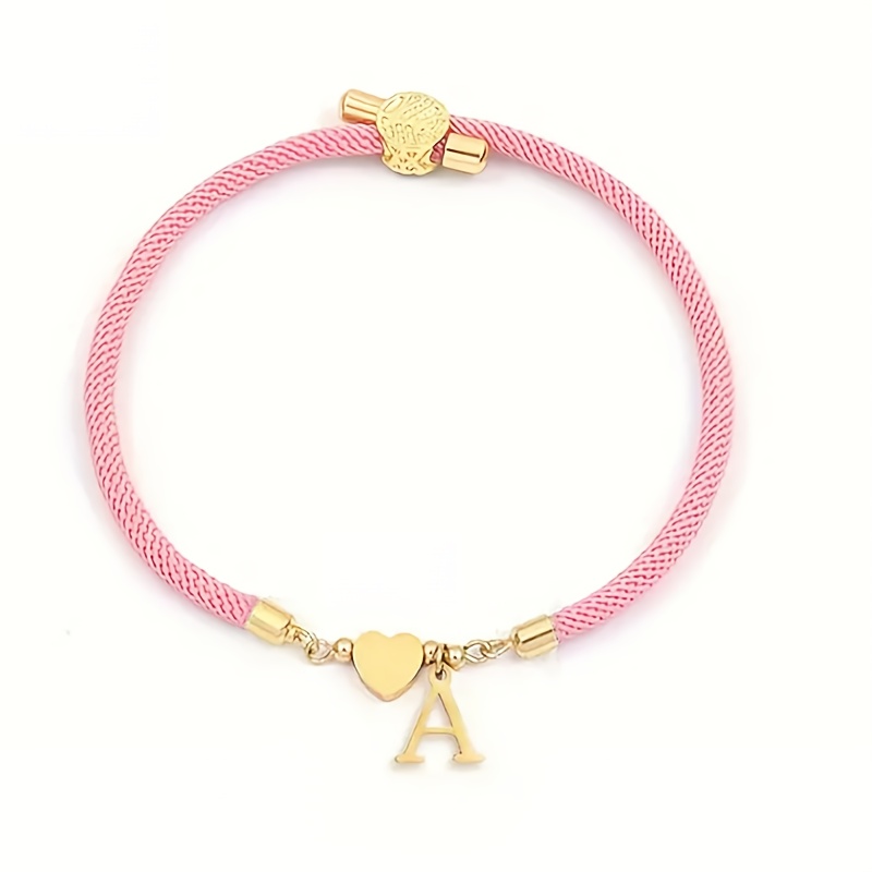 TEMU 1pca-z 26 Golden English Letters With A Heart-shaped Pink Adjustable Rope Women's Fashion Bracelet Is The Perfect Personalized Gift For And
