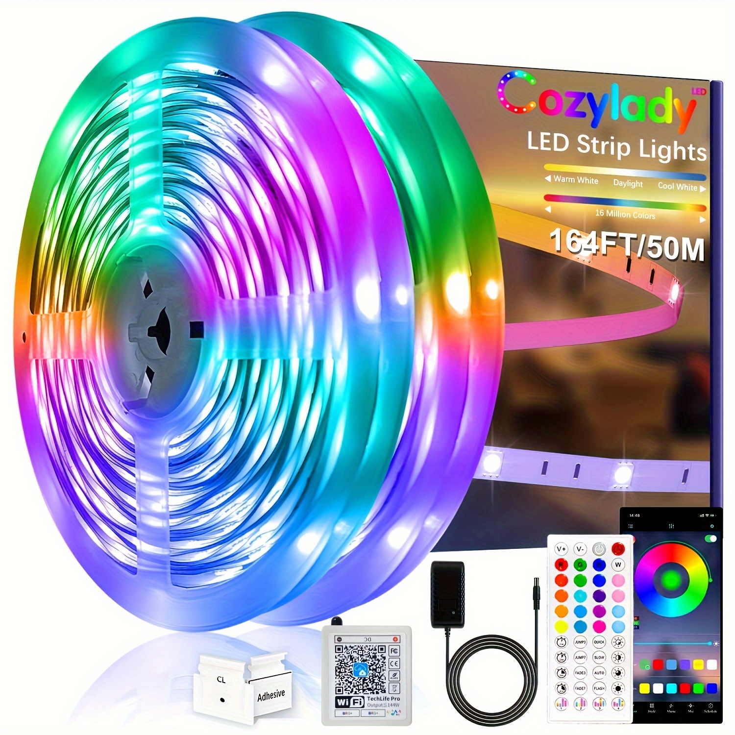 Tira de luces LED inteligentes de 100 pies 2 rollos de 50 pies tira de  luces RGB que se sincronizan con la música con control remoto de 40 teclas