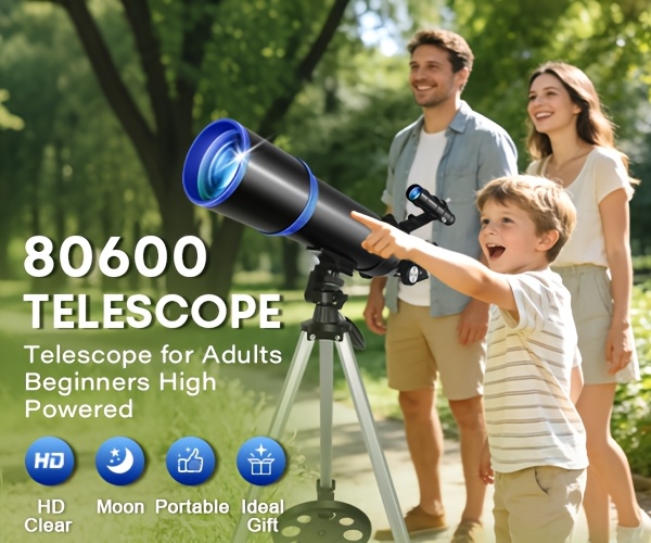 80mm Großöffnungs-Refraktor-Teleskop 180x HD, 600mm Brennweite, 24x-180x Zoom für Sternenbeobachtung Mondbeobachtung. Inklusive Handy-Adapter, Stativ, Barlowlinse, Sucherfernrohr, Mondfilter tragbarer Tragetasche. Ideal für Erwachsene, Studenten Astronomie-Anfänger. Perfekt für Weltraumforschung