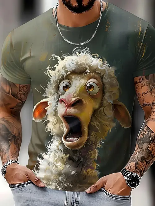 mens short sleeve t shirt with a fun sheep pattern featuring 3d printing and an exaggerated design summer and spring outdoor casual wear