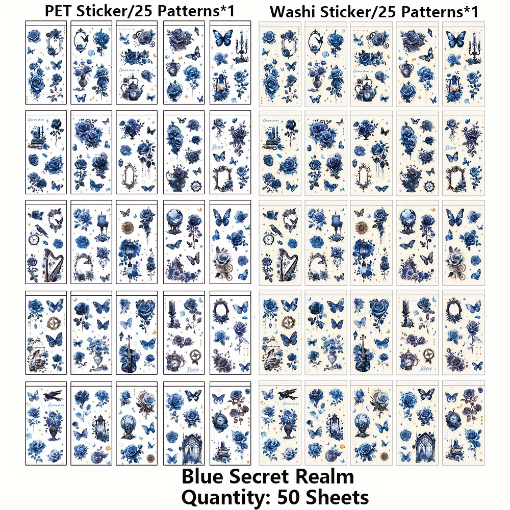 Image of 50 Sheets Vintage Blue Rose & Pet Washi Stickers - Aesthetic Scrapbooking Decoration For Diy Crafts, Journals, Notebooks, Water Bottles, And Planners, Supplies