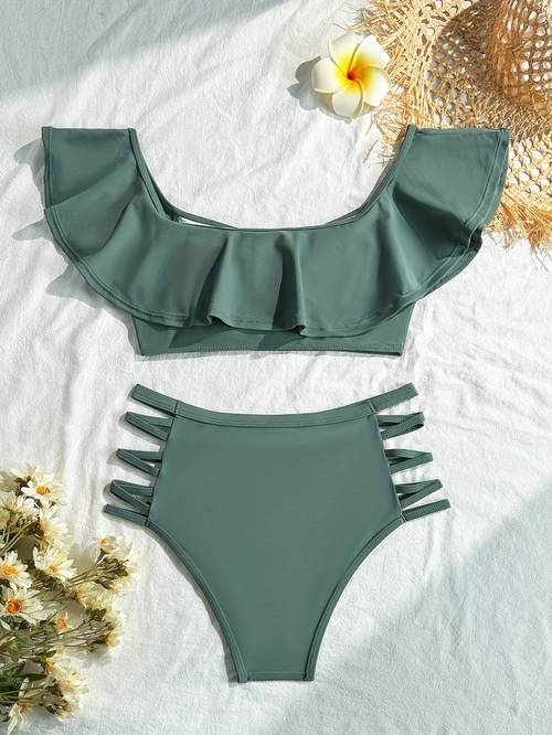new womens tankini two piece split sexy small chest gathered ruffle edge hollow pants beach wear swimsuit