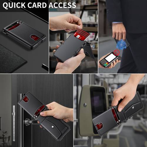 mens wallet card holder up card case genuine leather anti theft brush ultra thin minimalist design front pocket holds cards id window coin pocket black