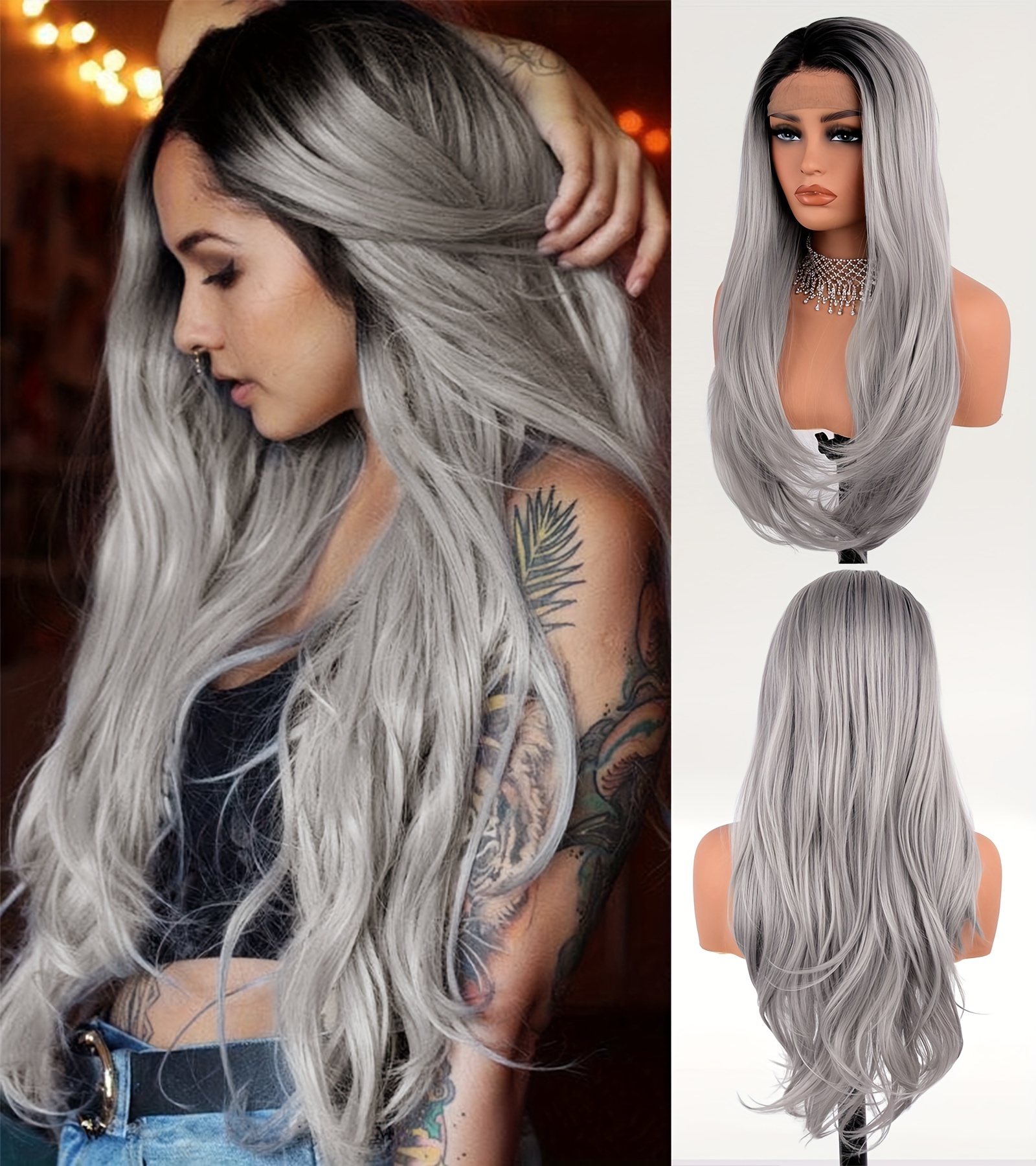 silve grey ombre lace front wigs hairline long - Temu display picture 1