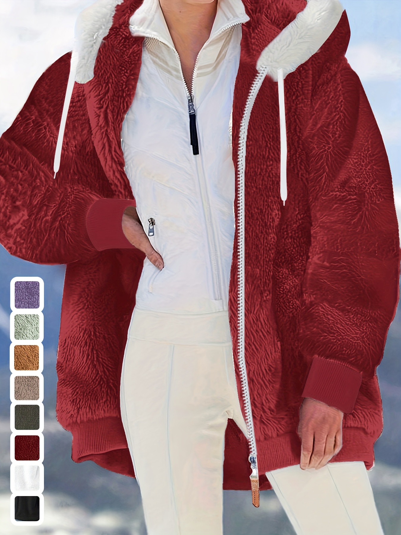 womens plush fleece zip up hooded jacket relaxed fit winter coat with soft   fur trim machine washable casual outerwear for fall winter fleece jacket cold   cozy warm fabric 0