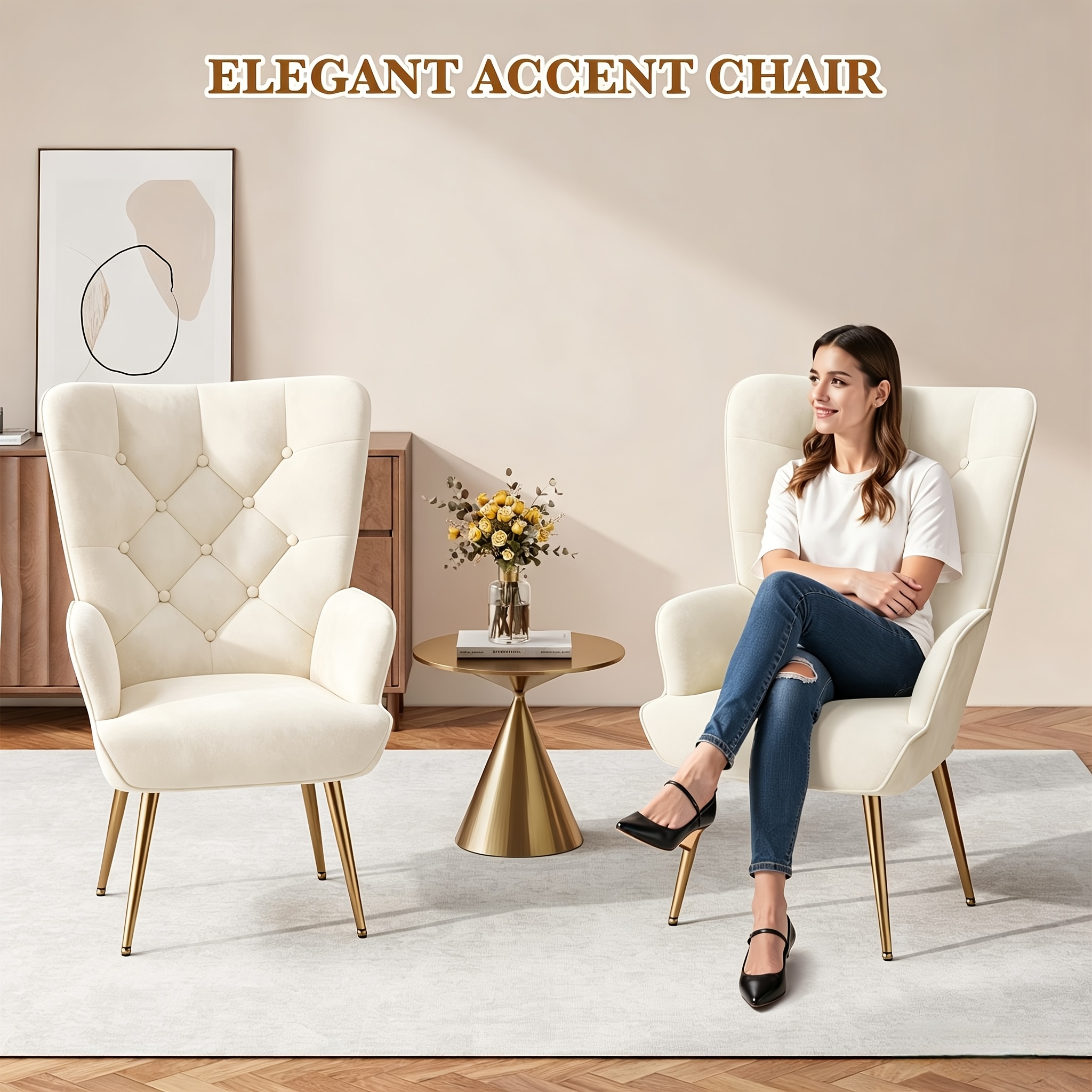 Image of 2pcs Set Mid Century Chair, Velvet Accent Chair, Tufted Button High Back Reading Chair, Upholstered Wingback Armchair With Metal Legs, High Chair For Living Room Bedroom