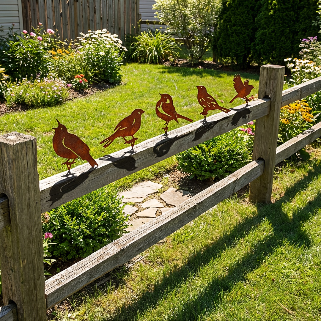 TEMU [2d Flat] 5pcs Vintage Metal Bird Decor Set - Distressed Style And Flying Bird Figures, Suitable For Outdoor Garden, Yard Fence, And Wall