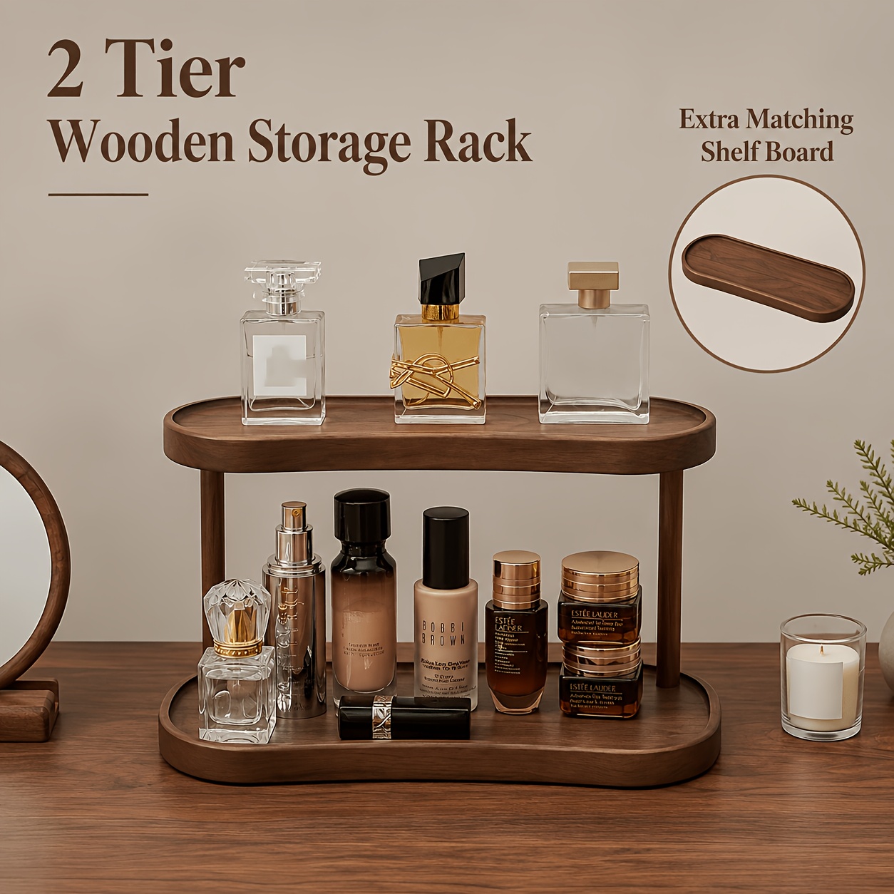 Image of 2-tier Wooden Storage Rack With Matching Shelf Board, Multifunctional Storage Shelf, Space- Organizer For Perfumes , Sturdy For Bathroom, Bedroom, And Living Room, Standing Shelf, Standing Shelf