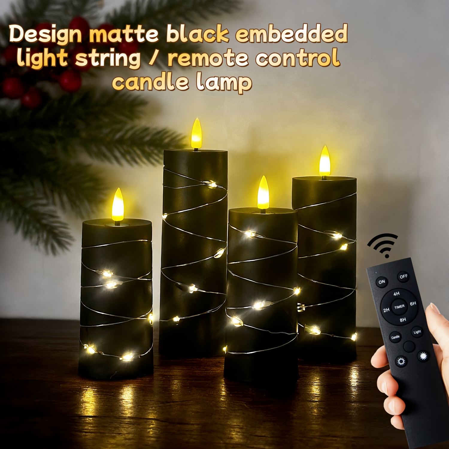 Image of 4pcs Singing Flame Led Candles With Starry Sky String Lights - Battery-powered Valentine's Day/christmas Tabletop Decor - Black Pillar Christmas Candles, 24-hour Remote Control And Timer
