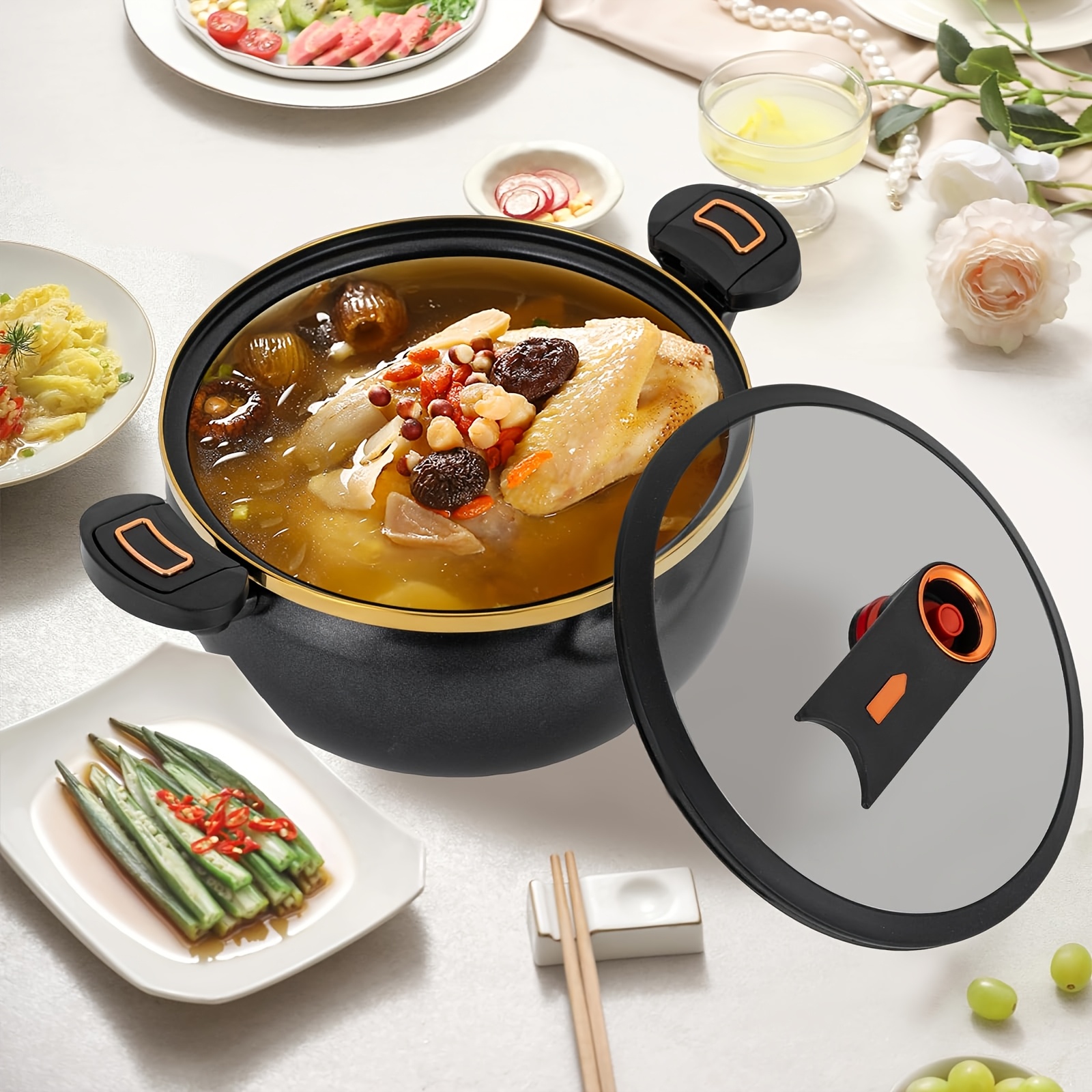 7 liter multi function double handle pot 25 4cm large capacity thickened iron structure glass lid with     soups   etc   in black light blue orange multi functional stylish and durable kitchen cookware