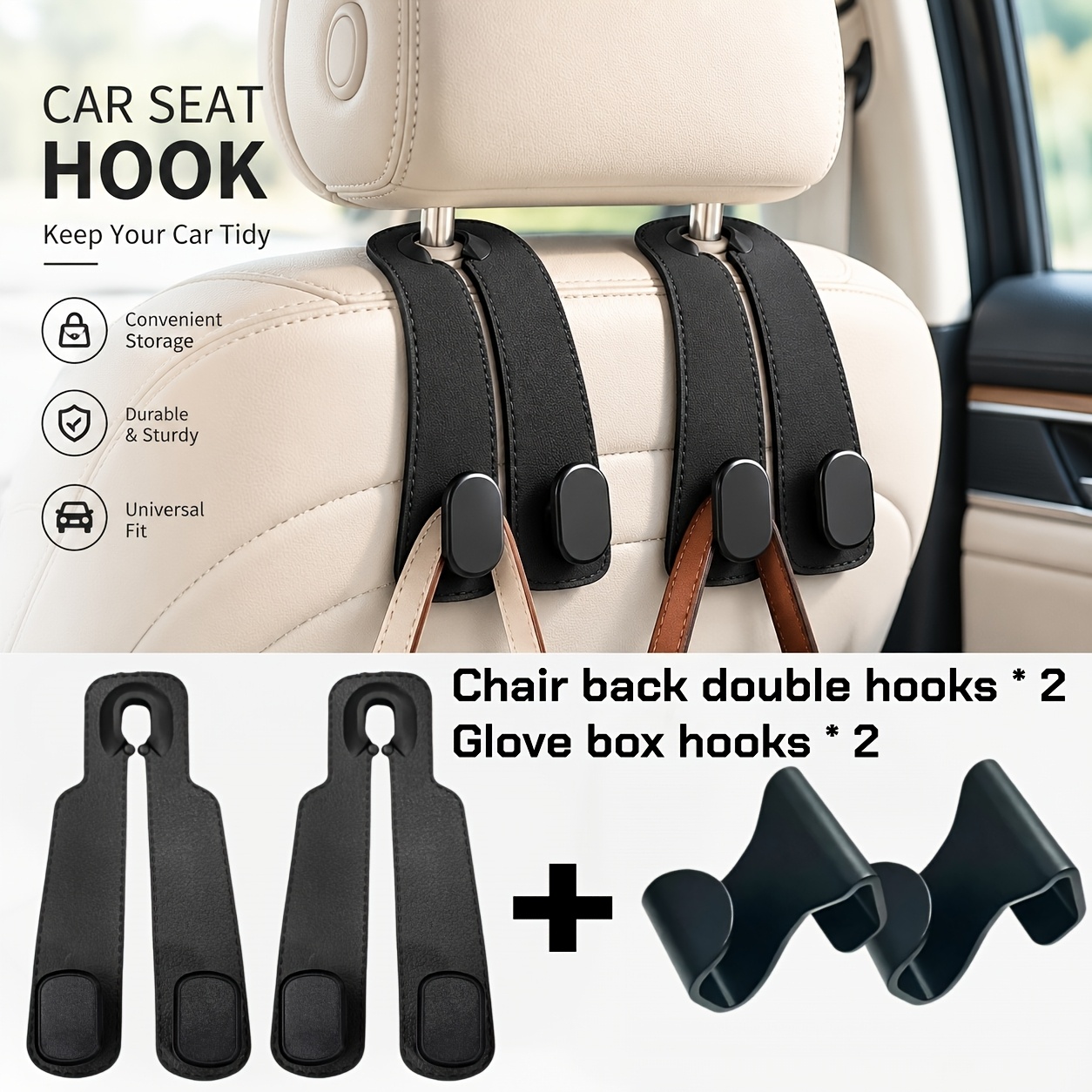 TEMU 4pcs Heavy-duty Car Organizer With 2 Seat Back Hooks & 2 Glove Box Hooks - Multi-functional Hanging System Suitable For Hanging Bags, Shopping,