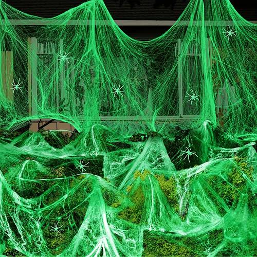 lysende edderkoppespind, strækbart kunstigt cobweb med falske edderkopper, halloween dekorationer, halloween indretning, festdekorationer, festivalindretning, festartikler