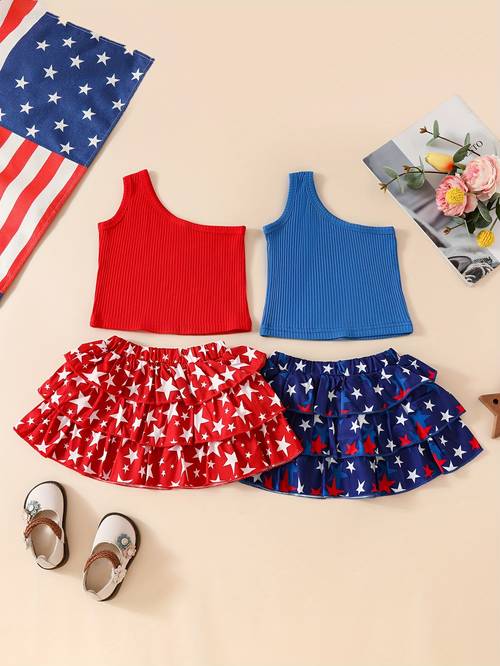 2 Sets Baby's Cartoon Pentagram Pattern 2pcs Trendy Summer Outfit, One-Shoulder Top & Layered Skirt Set, Toddler & Infant Girl's Clothes For Daily/Holiday, As Gift