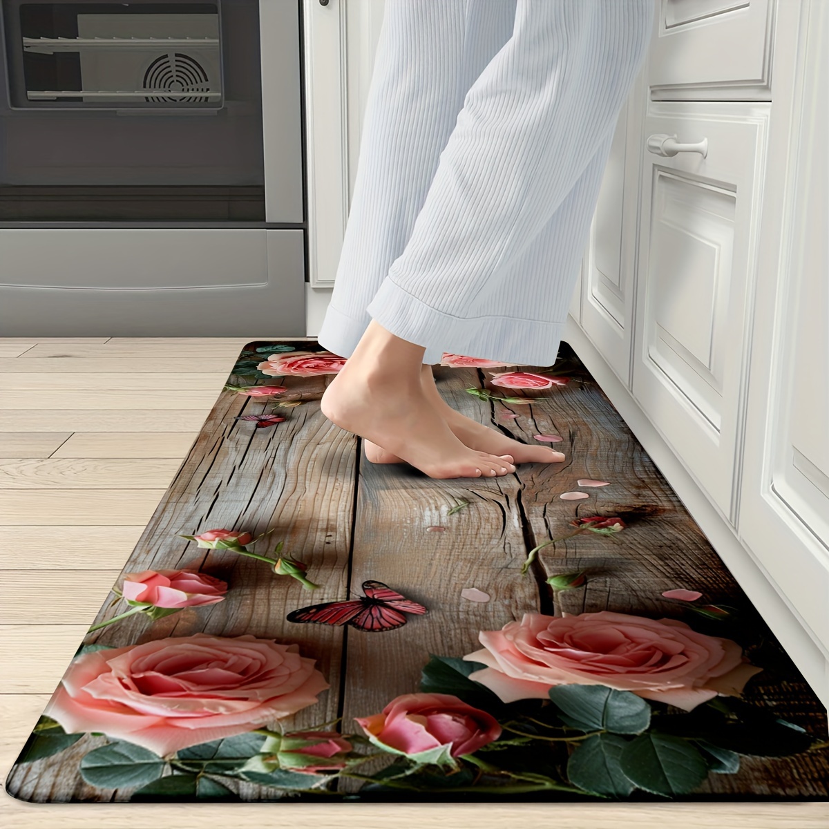 TEMU 1/2pcs Wooden Background Kitchen Rugs, Farmhouse Decor Rugs, Non-slip And Durable Bathroom Pads, Comfortable Standing Runner Rugs, Carpets For