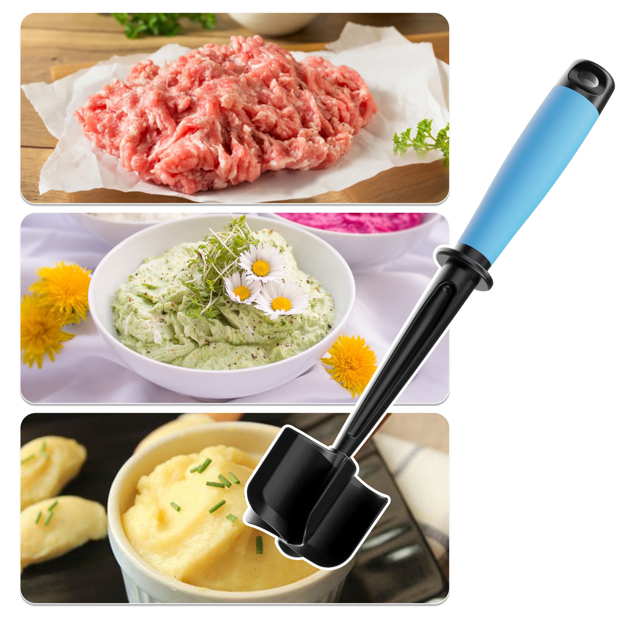 Manual Meat Chopper With 5 Curved Blades - ABERZEY Non-Stick Hamburger Smasher For Ground Beef Heat-Resistant Nylon Kitchen Gadget_voghion.com