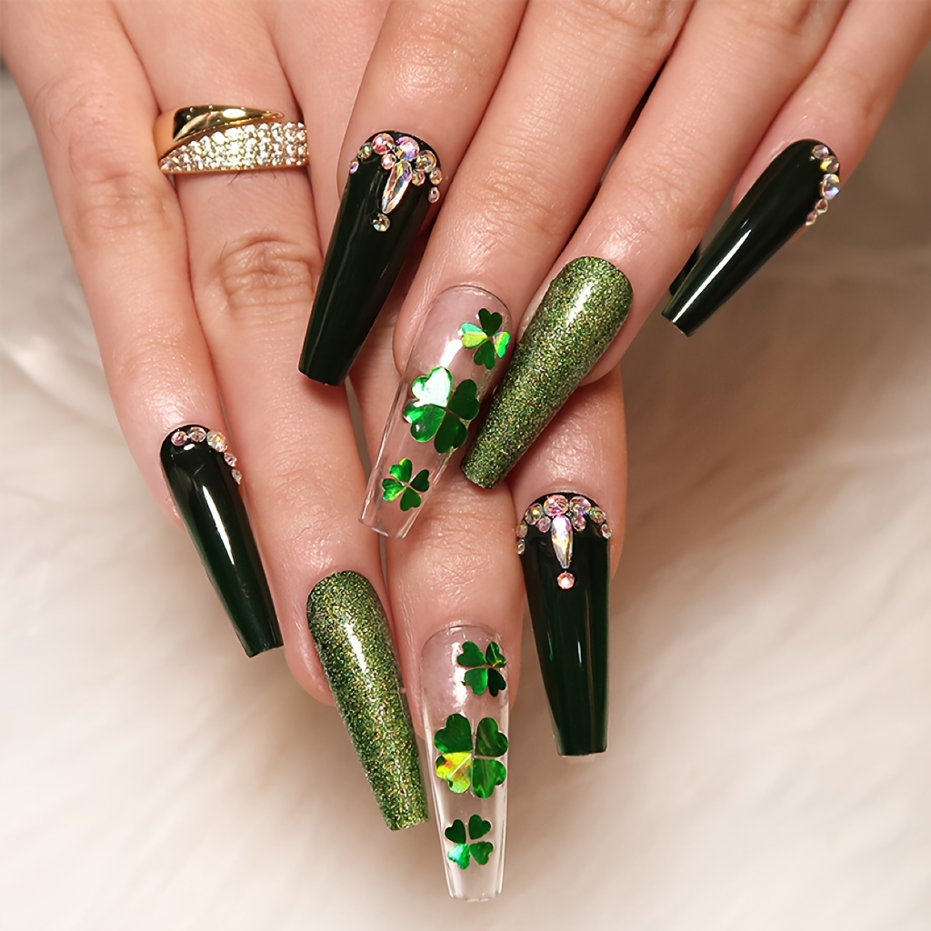 24pcs/set St. Patrick's Day Ballerina Press On Nails Long * Nails Green  Four-leaf Clover False Nails With Designs Rhinestone Decorative Full Cover