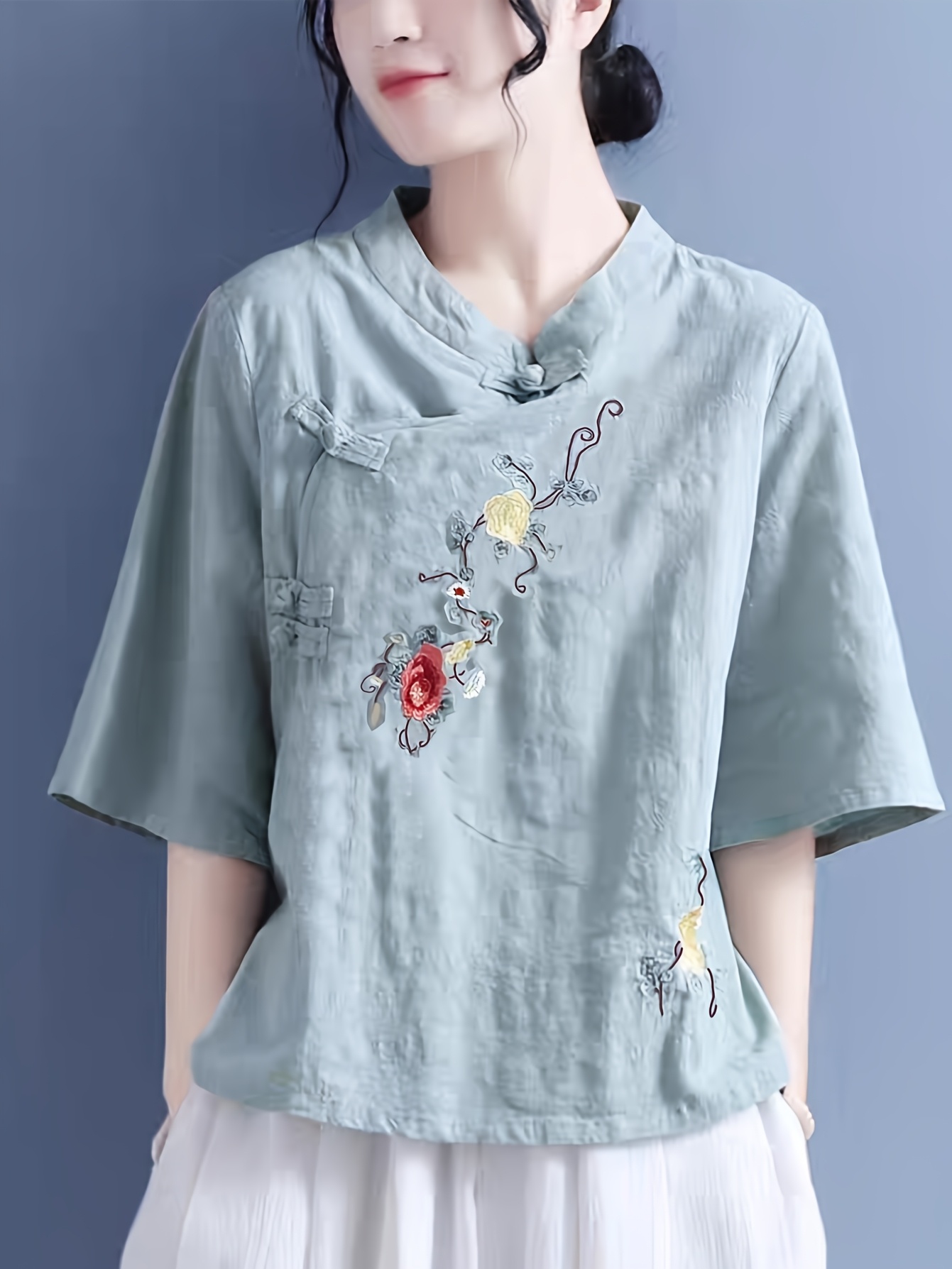 nuova camicia donna ricamata in stile cinese top corto Temu Italy - Main Image