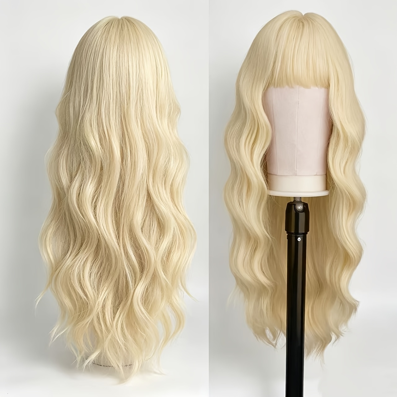 TEMU Frange de rideau d' pouces Blanc Doré d'eau Perruque - Visage Volumineux Versatile Bouton Filet Fibre Haute Température Perruque Tête Complète