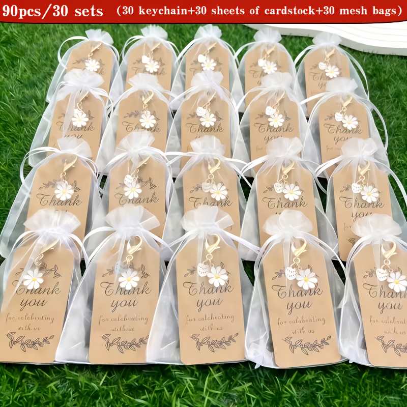 TEMU Set da 90 pezzi/30 set di portachiavi a forma di cuore con bianche per feste, 30 portachiavi + 30 biglietti di ringraziamento + 30 sacchetti in