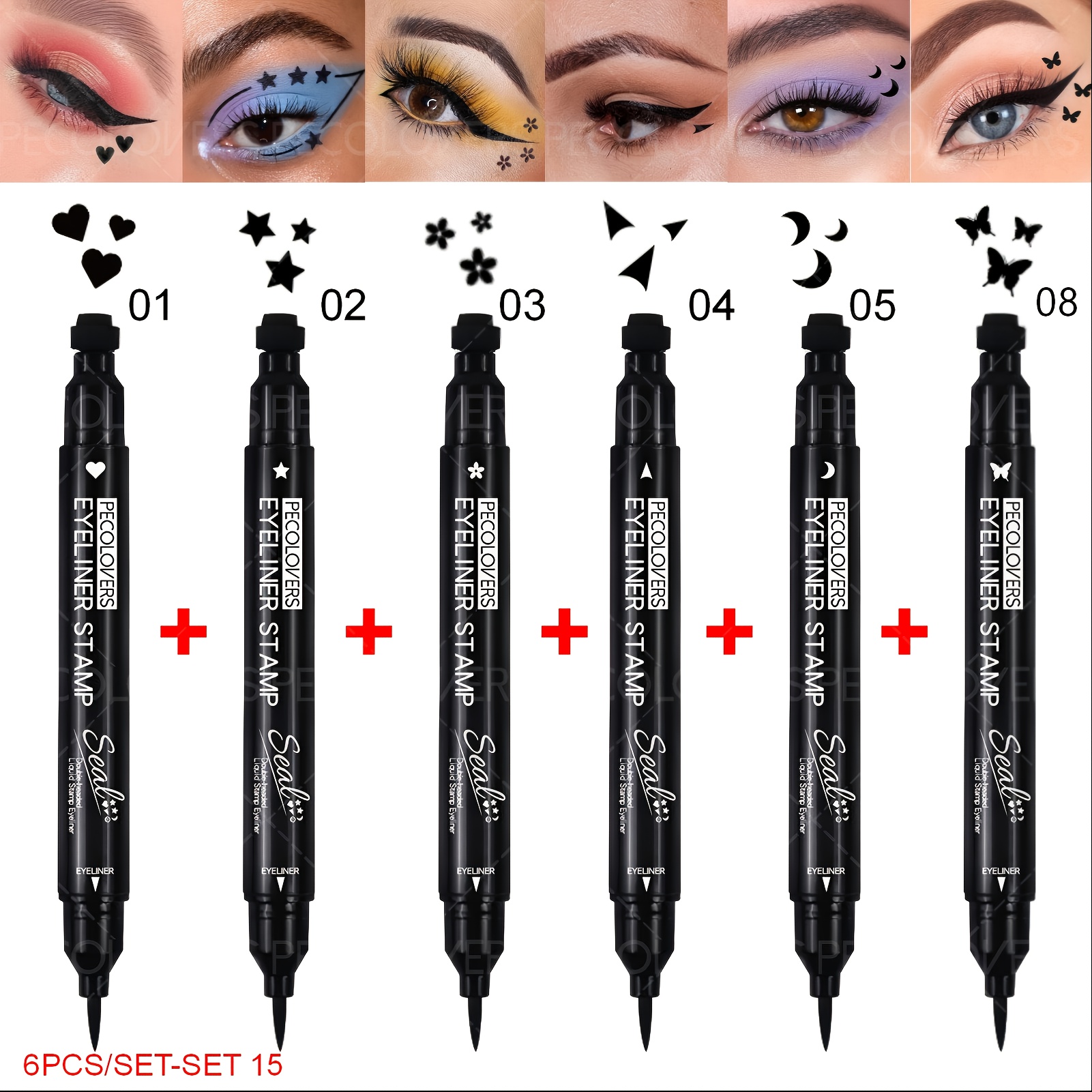 Image of 6pcs/set Double-ended Seal Eyeliner, No-smudge, Long- Application, Waterproof, Embellishes The Corners And Ends Of , Multiple Pattern Options, Easy To Apply Makeup, Beauty Essential