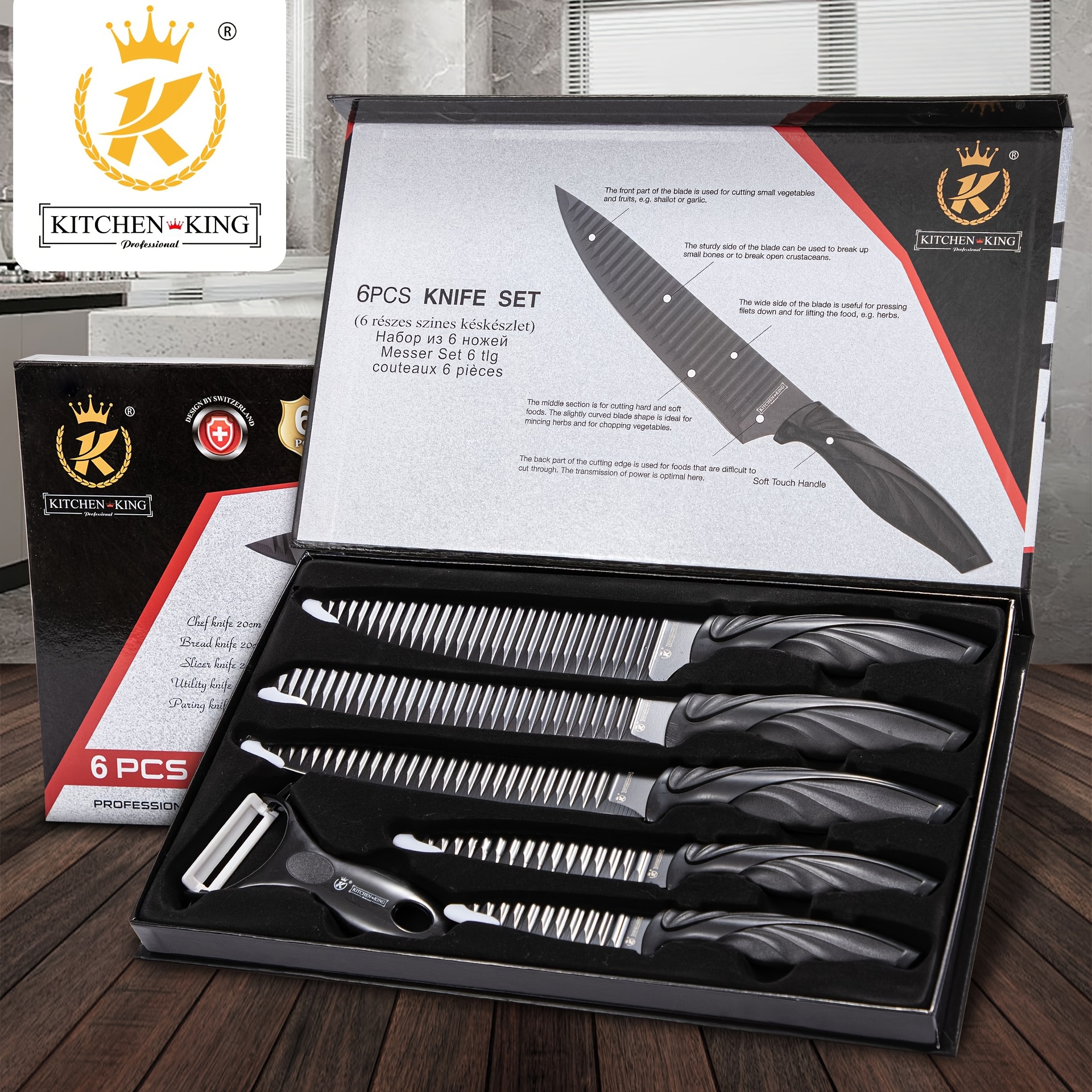 TEMU 6pcs Kitchen Knife Set - Chef Knives For Vegetable, Meat, & Fruit Cutting - Wavy Blade Design - Ideal Gift For Cooking Enthusiasts