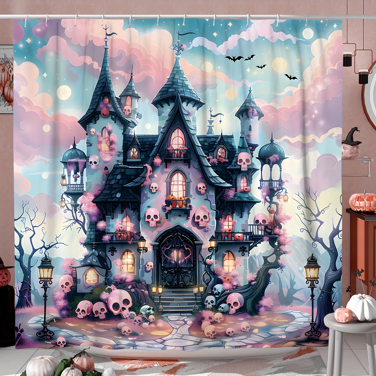 

Halloween Shower Curtain - Spooky Cute Dreamy Castle Bat Design In Lime Green Pink, Waterproof Polyester, Machine Washable With 12 Hooks, Perfect For Bathroom Or Bathtub Decorations, 71x71 Inch - 1pc