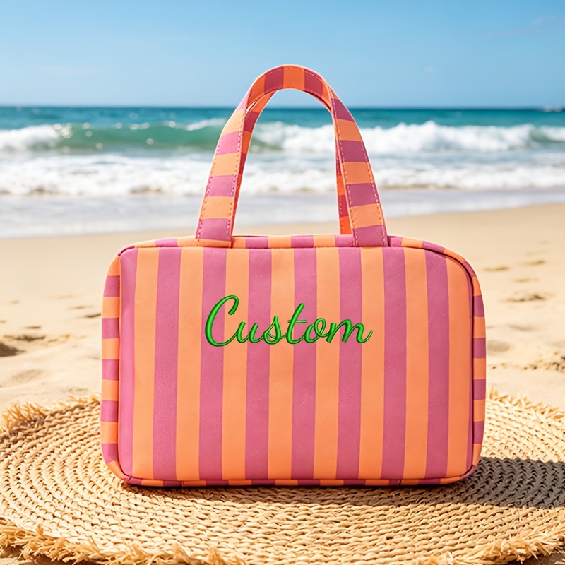 TEMU Striped Custom Embroidered Hanging/handheld Bag, Four-fold Large Capacity Multi-compartment Storage Pouch, Travel/ Toiletry Bag, Minimalist