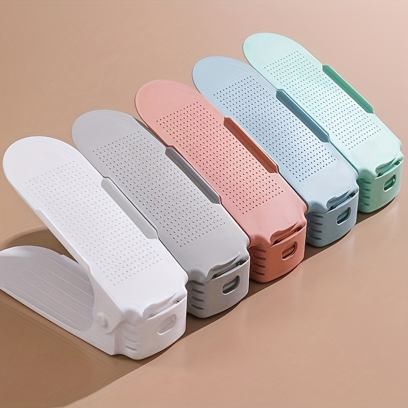 

4pcs Adjustable Double Layer Shoe Slots Organizer, Plastic, Space-saving Storage Boxes For Dorm, Bedroom, Closet, Entryway, Bathroom, 10in Length