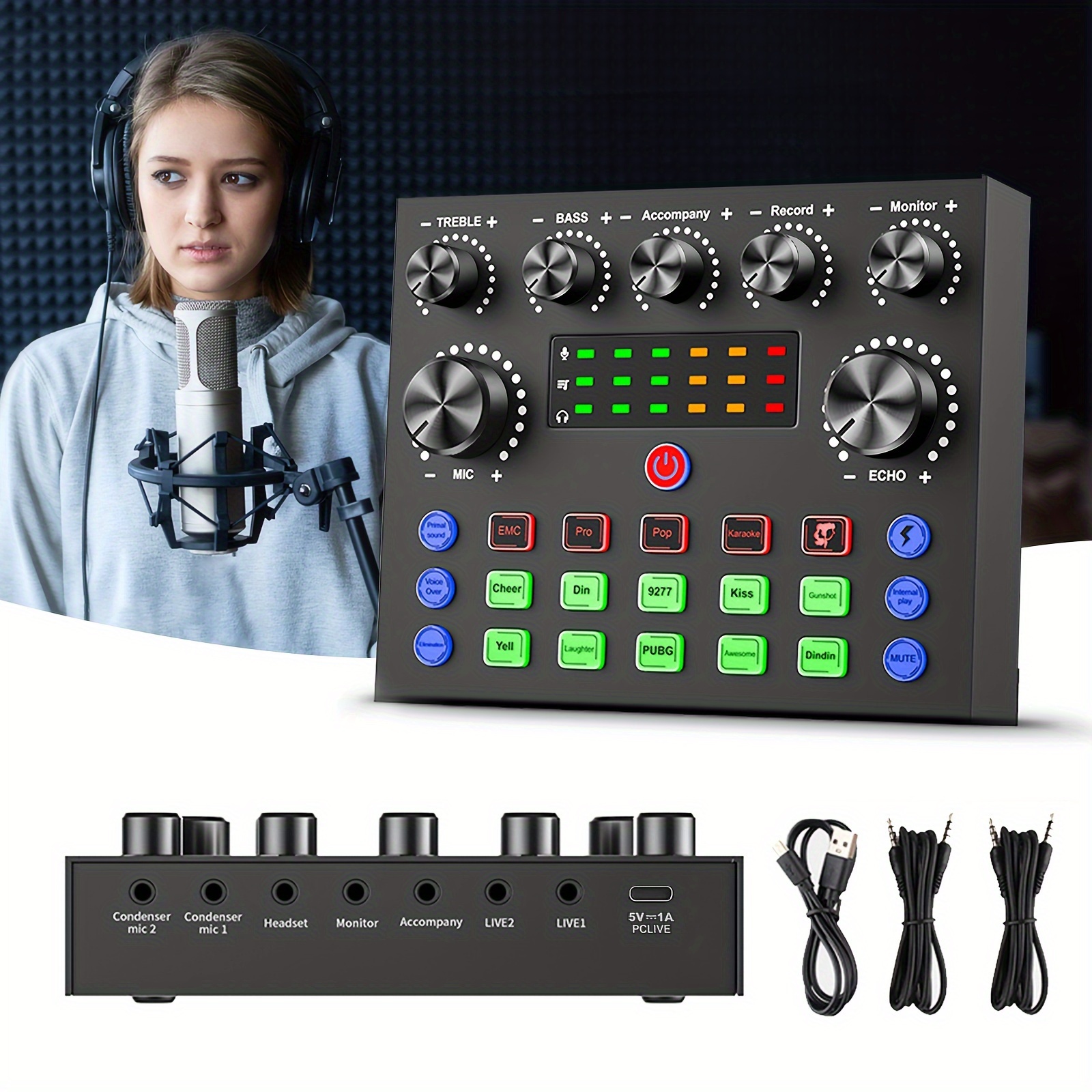 V8S Pro Audio Interface mit Sprachverzerrungseffekten - USB-betrieben, 500mAh wiederaufladbar, ABS Schwarze Soundkarte, geeignet für PC-Aufnahmen, Gesang, Streaming und Gaming, inklusive Mikrofon- und Kopfhörerbuchsen