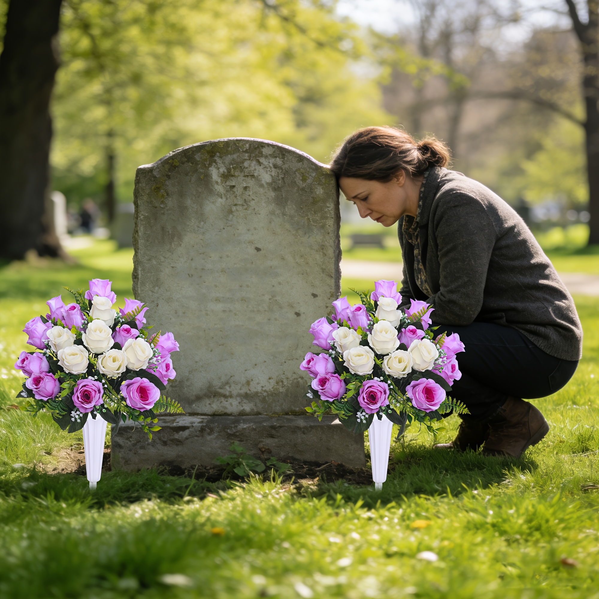 2 Fasci Di Fiori Artificiali Per Tombe – Cimitero – Rose E Gigli 44 Cm – 12 Teste – Resistente Alle Intemperie - 2