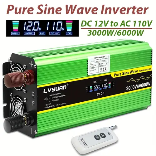power inverter pure sine wave inverter 3000 watts 6000 watts peak 12v 24v to 110v to ac with ac outlet lcd display wireless remote control usb charging port automotive power inverter automotive power inverter for rvs rvs and campervans