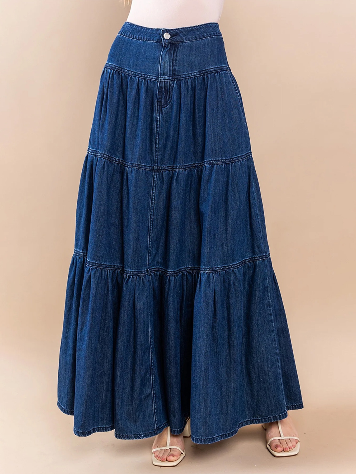 women's high-waisted a-line denim maxi skirt vintage style solid