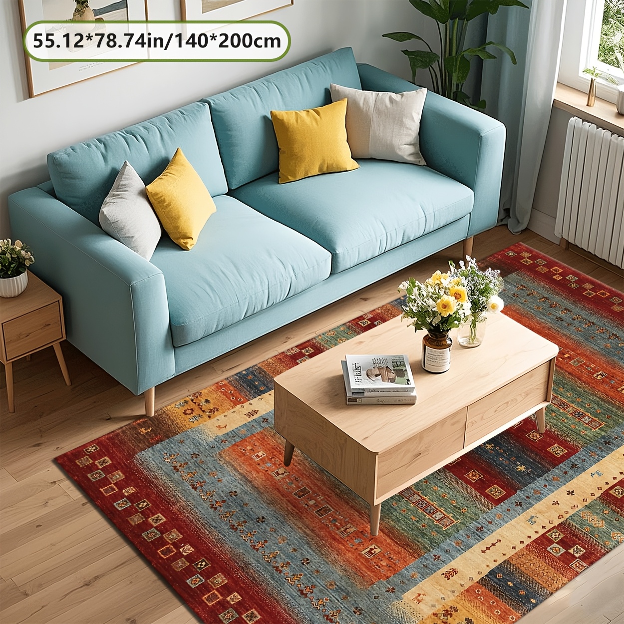 TEMU Zulida Vintage Geometric Area Mat - Machine Washable, Easy-clean Polyester Fiber, Red & Brown Earthy Tones, Rectangular Shape For Living Room,