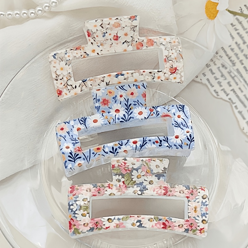 TEMU 3pcs Set Printed Square Shark Clip Sweet Floral Hair Claw Clips For, Hair Claw Clips For Back-of-head Updo Styling