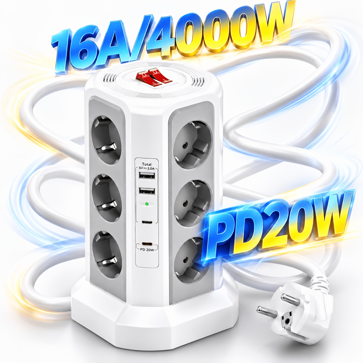12-slot Multi-socket With Usb C, Socket, Voltage Protection With 4 Usb Switches, 1. 8m/6ft Extension Cable, -socket For Business For Factory. Hoary